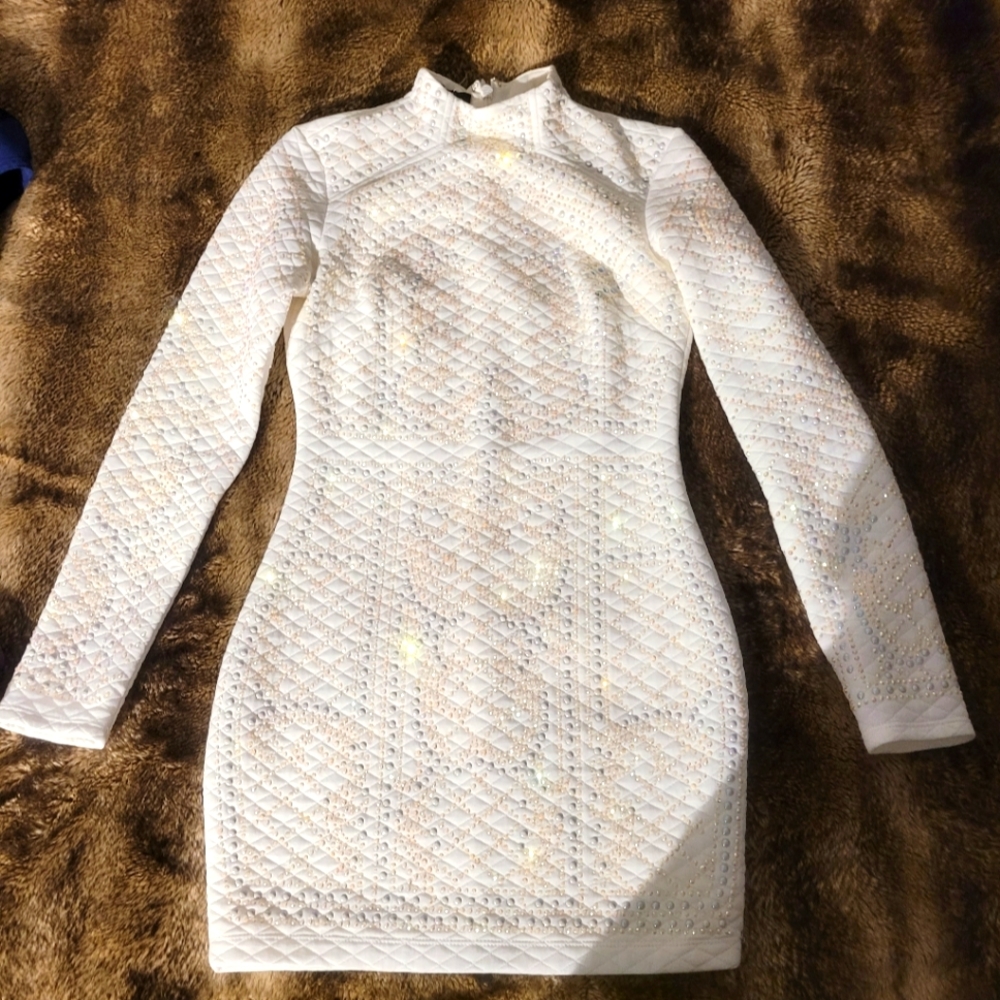 Bodycon embelished Silver and beaded studs white dress Brand new but lost tags.